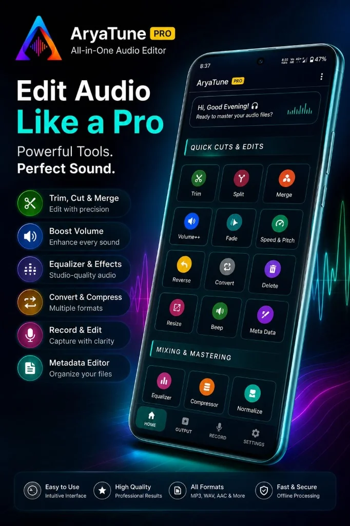 AryaTune Pro Audio Editor Dashboard Screenshot