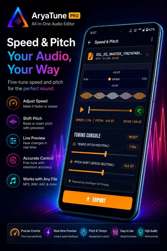 AryaTune Speed and Pitch Tuning Console Screenshot